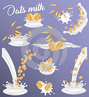 Oat milk splash set, vector realistic illustration