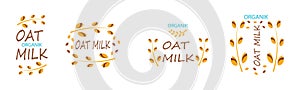 Oat Milk vector logo. Spikes and grains of oats. Vector stock illustration and lettering photo