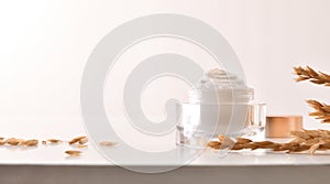 Oat moisturizer cream and spikes on table white isolated background