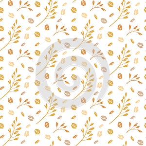 Oat pattern vector. Seamless pattern with oat flakes on white background. hand drawn illustration. Spikes and grains of photo