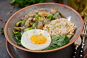 Oat porridge, egg and salad of baked vegetables - mushrooms and Brussels sprout