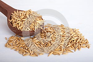 Oat seeds in wooden spoon on white background, top view