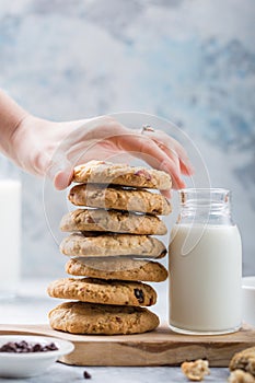 Oat vegan cookies with almond milk. Delicious chocolate diet treats for vegans, made from natural ingredients