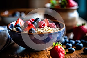 oatmeal adorned with wild berries, tastefully served on a rustic wooden table.