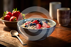 oatmeal adorned with wild berries, tastefully served on a rustic wooden table.