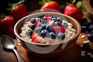 oatmeal adorned with wild berries, tastefully served on a rustic wooden table.