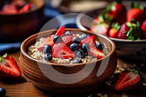 oatmeal adorned with wild berries, tastefully served on a rustic wooden table.