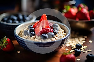 oatmeal adorned with wild berries, tastefully served on a rustic wooden table.