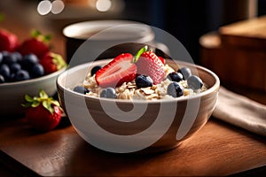 oatmeal adorned with wild berries, tastefully served on a rustic wooden table.