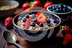 oatmeal adorned with wild berries, tastefully served on a rustic wooden table.