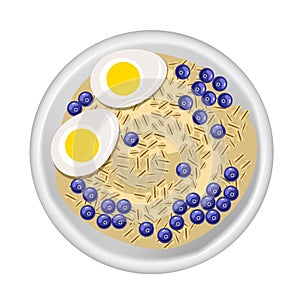 Oatmeal in a bowl with blueberries and the boiled eggs. Top view. Healthy natural breakfast.