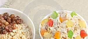 Oatmeal breakfast bowl. Organic healthy food with candied fruit raisins, nuts, banana