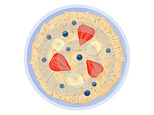 Oatmeal breakfast cup top view. Oat grain porridge. Cartoon style muesli. Vector illustration isolated on white