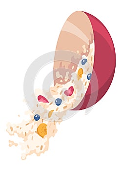 Oatmeal breakfast porridge icon, bowl with fruit and berries in milk. Healthy nutrition meal concept. Vector