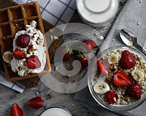 Oatmeal Breakfast with strawberries and Belgian waffles