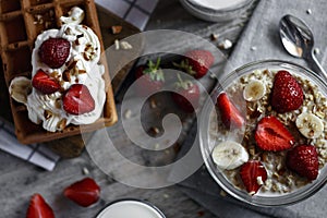 Oatmeal Breakfast with strawberries and Belgian waffles