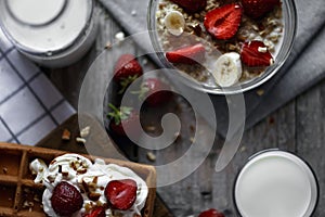 Oatmeal Breakfast with strawberries and Belgian waffles