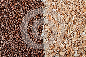 Oatmeal and buckwheat two healthy breackfast seeds tipes above view