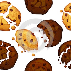 Vector chocolate chip cookies pattern. Oatmeal cookie with chocolate crumbs seamless pattern.