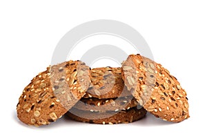 Oatmeal cookies with cereals isolated on white background. Sweet dessert