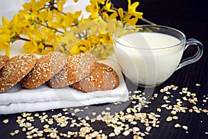 Oatmeal cookies with a cup of milk close-up on a background of yellow flowers.