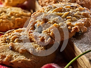 Oatmeal cookies snack and cherry breakfast close up