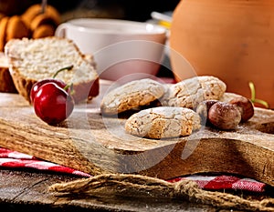 Oatmeal cookies snack and cherry breakfast close up