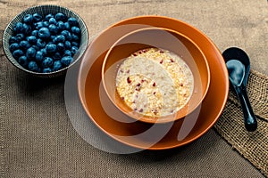 Oatmeal with different berries. healthy breakfast steel cut oatmeal porridge with blueberry blackberry. Milk, berry. Porridge and