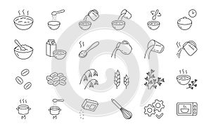 Oatmeal doodle illustration including icons - oat porridge bowl, muesli, granola, grain, jug, boiled rice water pot