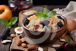 Oatmeal dried fruits bowl. Generate Ai