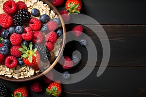 Oatmeal with fresh berries in bowl on wooden table, top view. healthy concept. ia generative