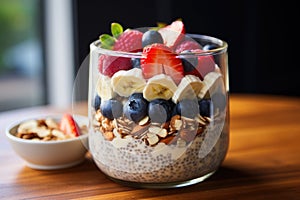 Oatmeal with fruit and berries in glass bowl with spoon on wooden background, AI Generated