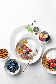 Oatmeal or granola with greek yogurt and  fresh berries, view from above