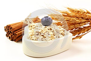 Oatmeal in heart shape bowl with blueberry cinnamon and oat ears on white background