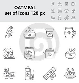 Oatmeal icons set vector in big and small size. Oat, flour bag. Cookies, package of milk, granola candy bar signs. Porridge in pot