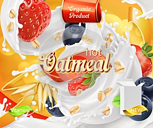 Oatmeal. Oat grains, strawberry, blueberry and milk splashes. 3d vector