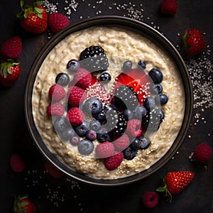 Oatmeal porridge with blueberry, raspberries, jam and nuts in white bowl, dash diet with berries, top view copy space