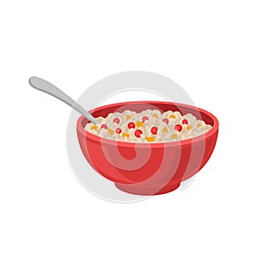 Oatmeal porridge with red berries and pieces of pumpkin in bowl with spoon. Food for breakfast. Flat vector icon