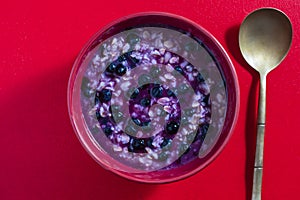 Oatmeal porridge with ripe blueberries for healthy breakfast on red background, closeup, top view
