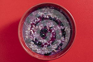 Oatmeal porridge with ripe blueberries for healthy breakfast on red background, closeup, top view