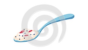 Oatmeal Porridge Or Yoghurt In Spoon Isolated On White Background. Healthy Cereal Breakfast Icon, Oat Flakes tasty Snack