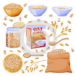 Oats cereal grain in sack. Oatmeal porridge in glass jar and bowl. Vector illustration. Breakfast food design elements