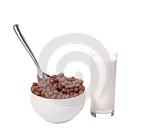 Oats chocolate cereal with glass of milk.