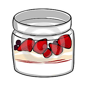 Oats with fresh red strawberries and yogurt in glass jar. Healthy natural delicious breakfast. Portion of oat flakes with berries