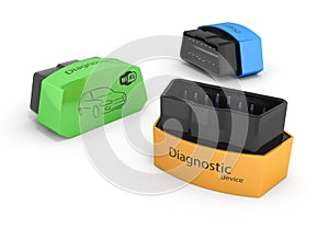 OBD2 wireless car scanner in color options isolated on white background 3d illustration