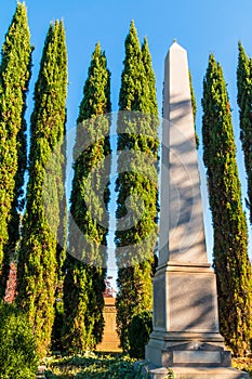 Obelisk and cypresses on Oakland Cemetery, Atlanta, USA