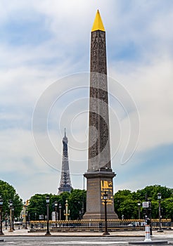 Obelisk and Eiffel tower from the place de la Concorde - Paris, France.