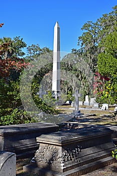 An obelisk marks a grave in Bonaventure cemetery.