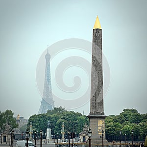 Obelisk at Place de la Concorde and Eiffel Tower photo