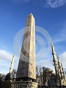 Obelisk of Theodosius and Blue Mosque from Istanbul, Turkey